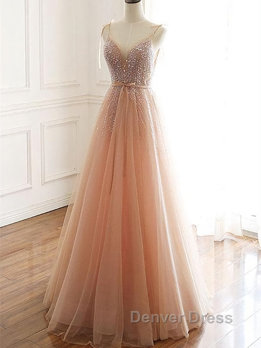 A Line V Neck Champagne Tulle Long Beaded Prom Dress, Champagne Long Prom Dresses
