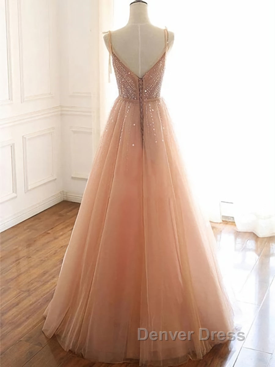 A Line V Neck Champagne Tulle Long Beaded Prom Dress, Champagne Long Prom Dresses