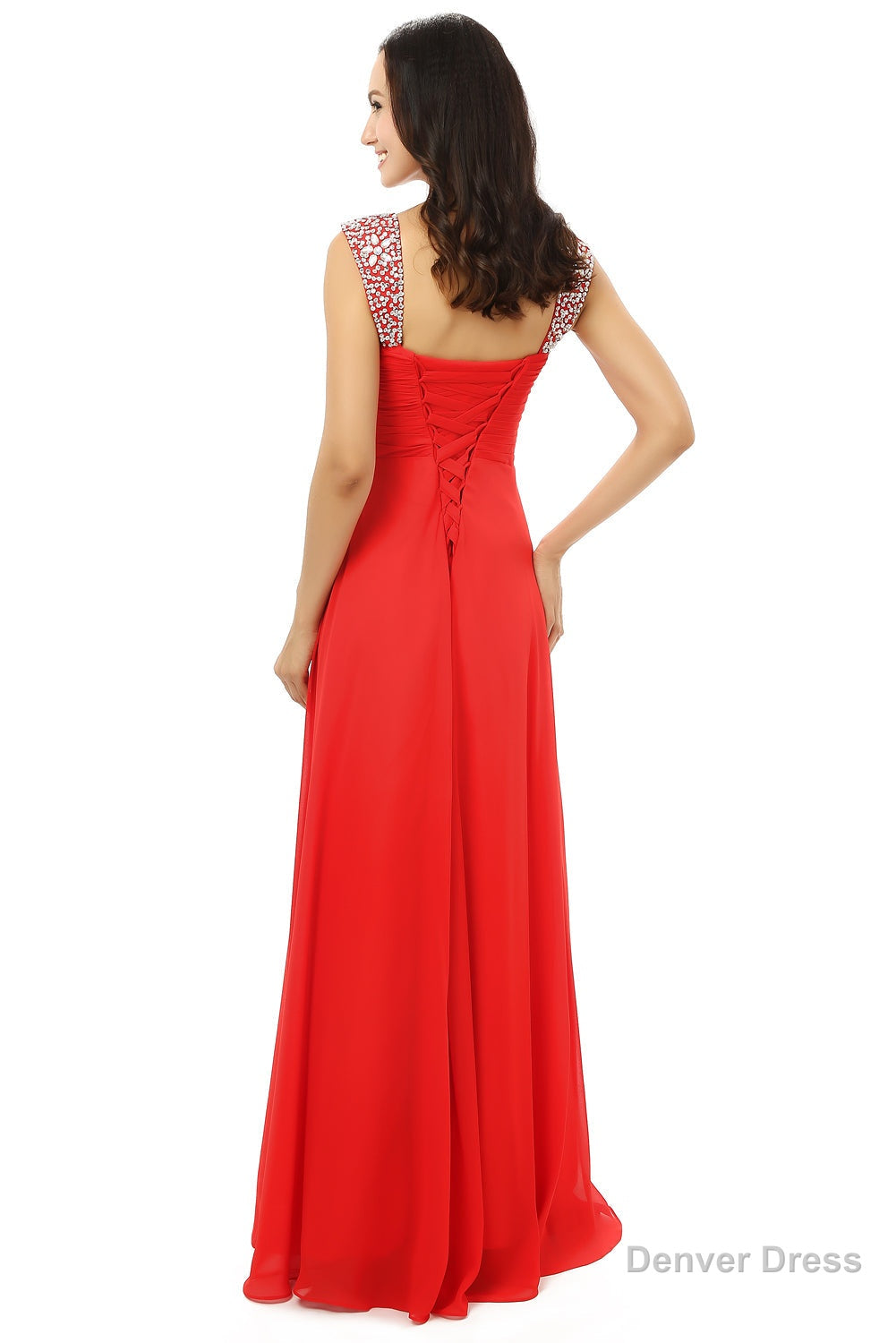 A-line V Neck Chiffon Long Red Prom Dresses