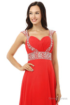 A Line V Neck Chiffon Long Red Prom Dresses