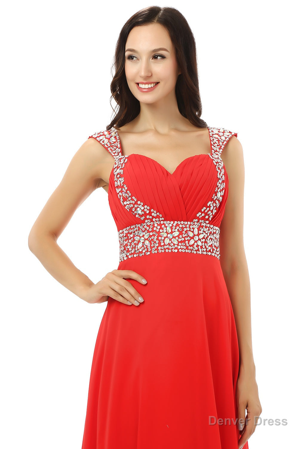 A Line V Neck Chiffon Long Red Prom Dresses