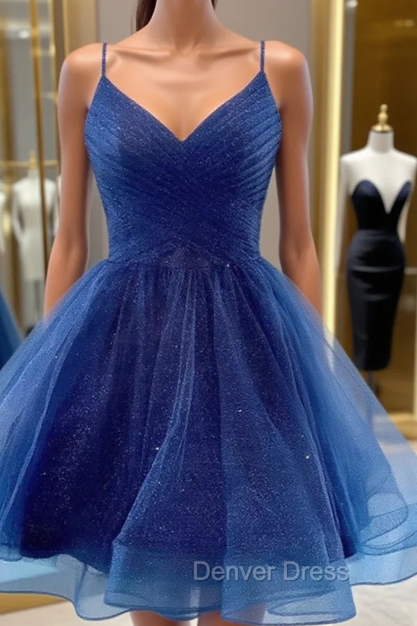 A Line V Neck Dark Blue Short Prom Dresses, Short Blue Graduation Homecoming Cocktail Dresses