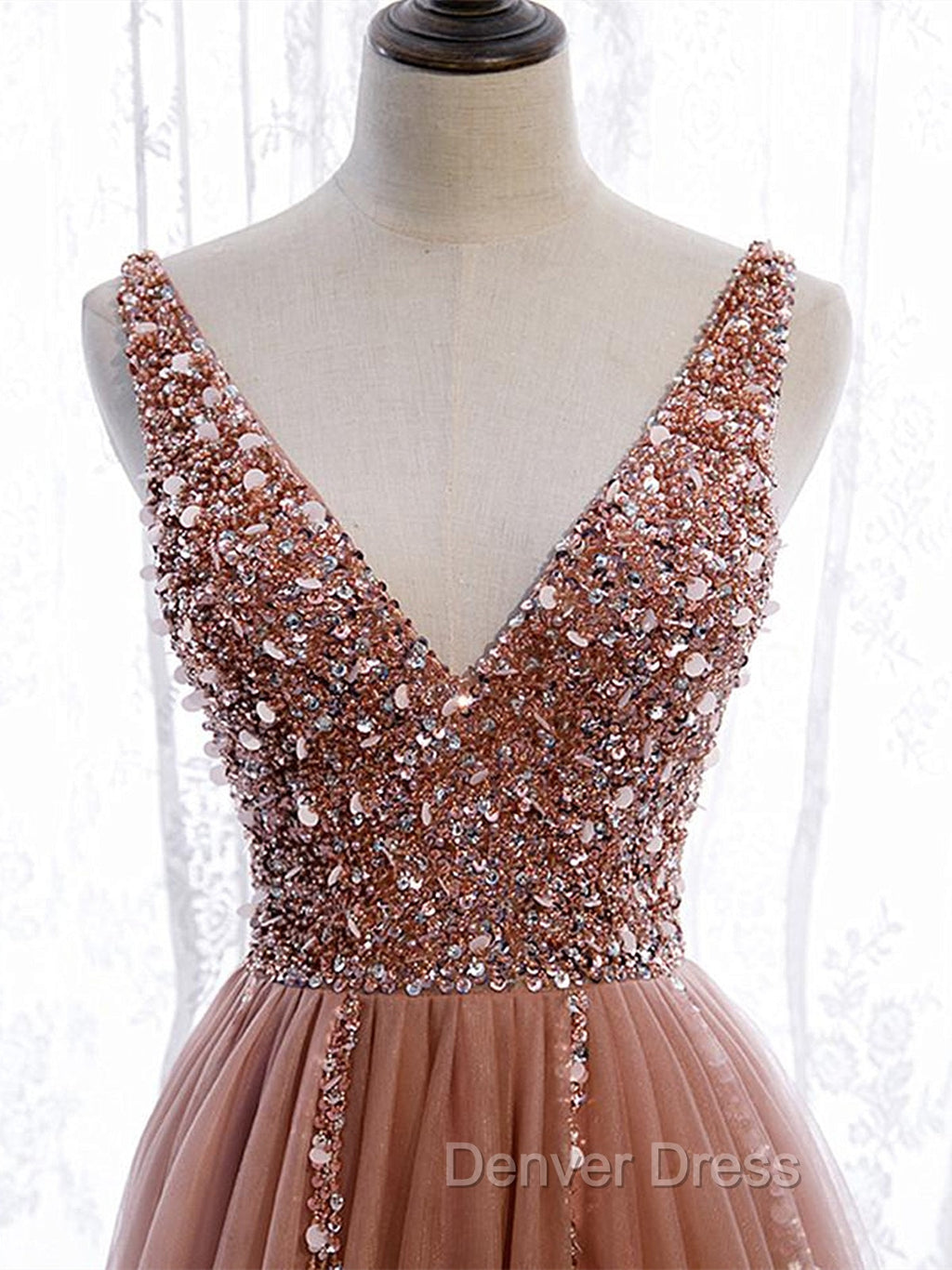 A Line V Neck Dark Pink Beaded Long Prom Dress, V Neck Pink Long Prom Graduation Dresses