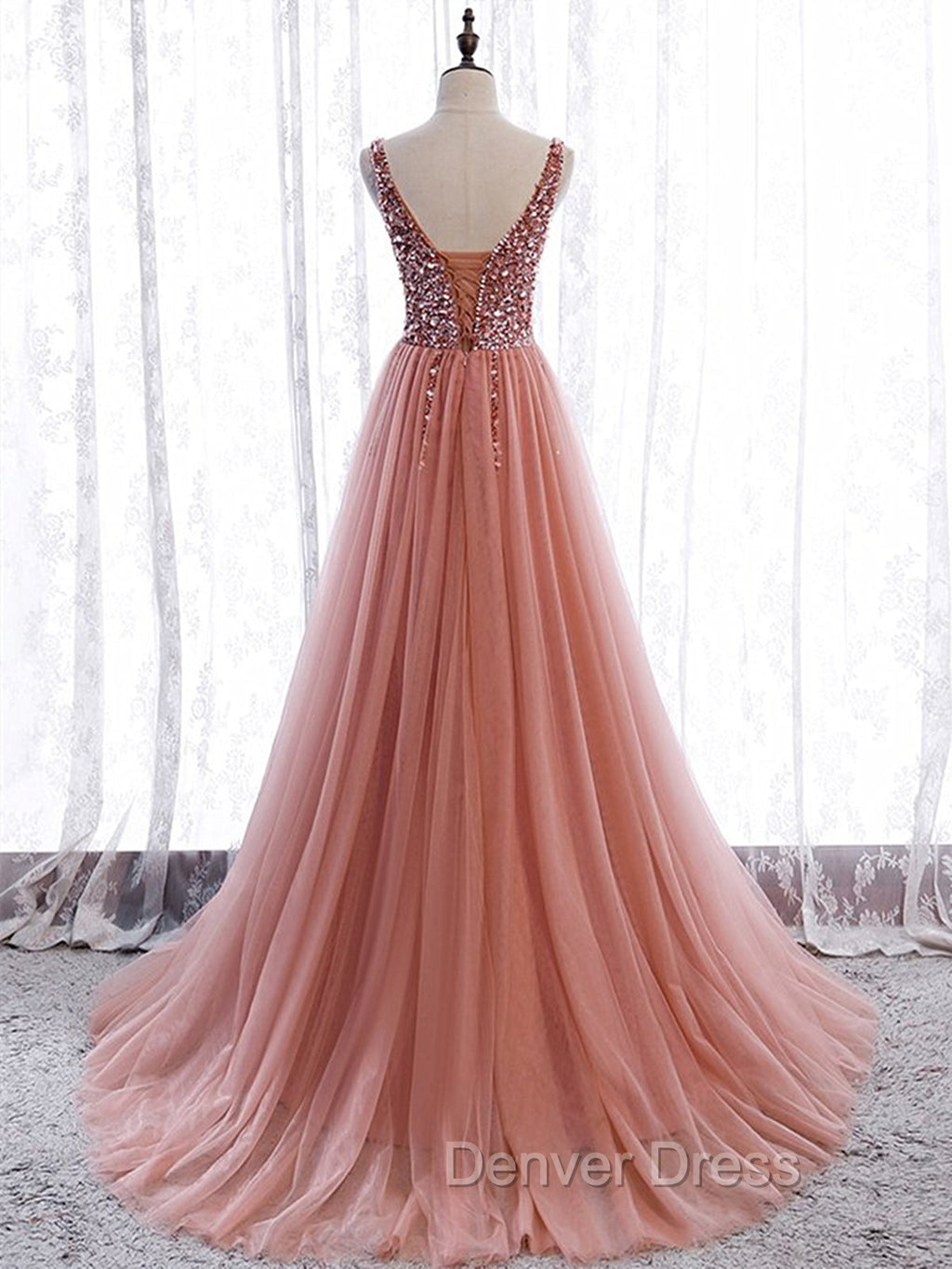 A Line V Neck Dark Pink Beaded Long Prom Dress, V Neck Pink Long Prom Graduation Dresses