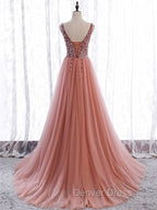 A Line V Neck Dark Pink Beaded Long Prom Dresses, V Neck Pink Long Formal Graduation Dresses