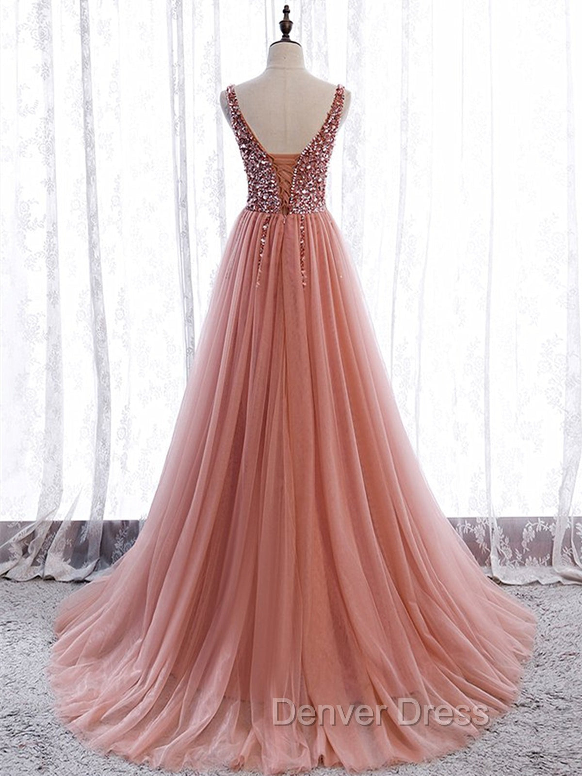 A Line V Neck Dark Pink Beaded Long Prom Dresses, V Neck Pink Long Formal Graduation Dresses