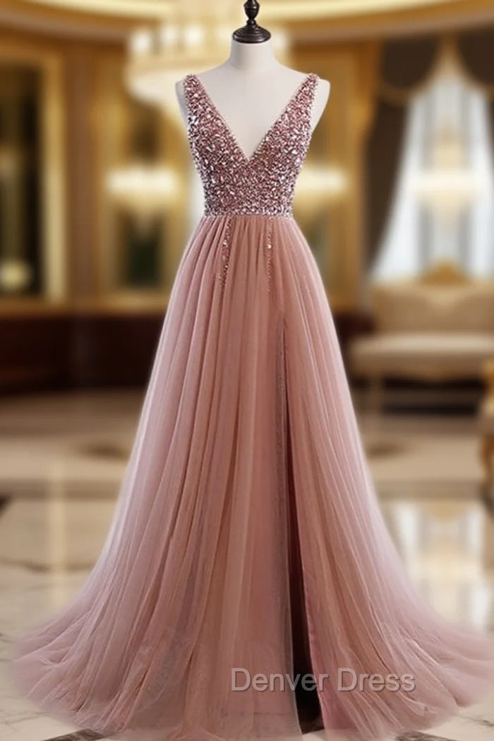A Line V Neck Dark Pink Beaded Long Prom Dress, V Neck Pink Long Prom Graduation Dresses