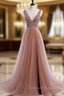 A Line V Neck Dark Pink Beaded Long Prom Dresses, V Neck Pink Long Formal Graduation Dresses