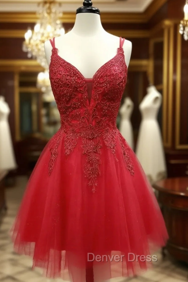 A Line V Neck Dark Red Lace Prom Dress, Dark Red Lace Prom Homecoming Dresses