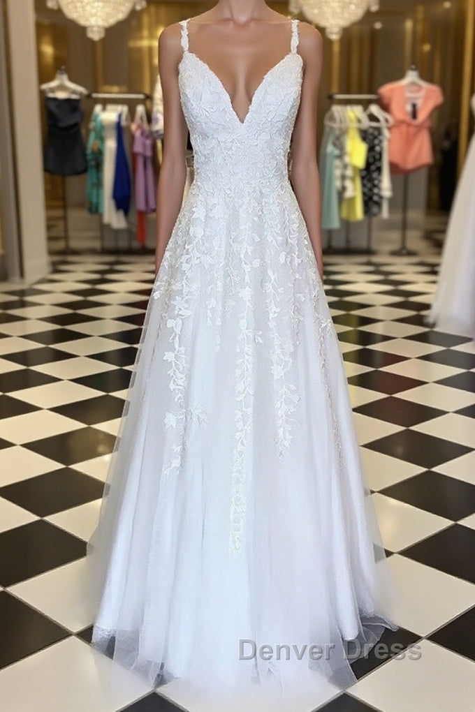 A Line V Neck Floor Length Lace White Long Prom Dress, White Lace Prom Dress, V Neck White Prom Dresses Main image