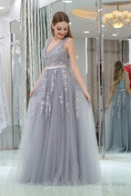 A Line V Neck Floor Length Tulle Appliqued Long Prom Dresses