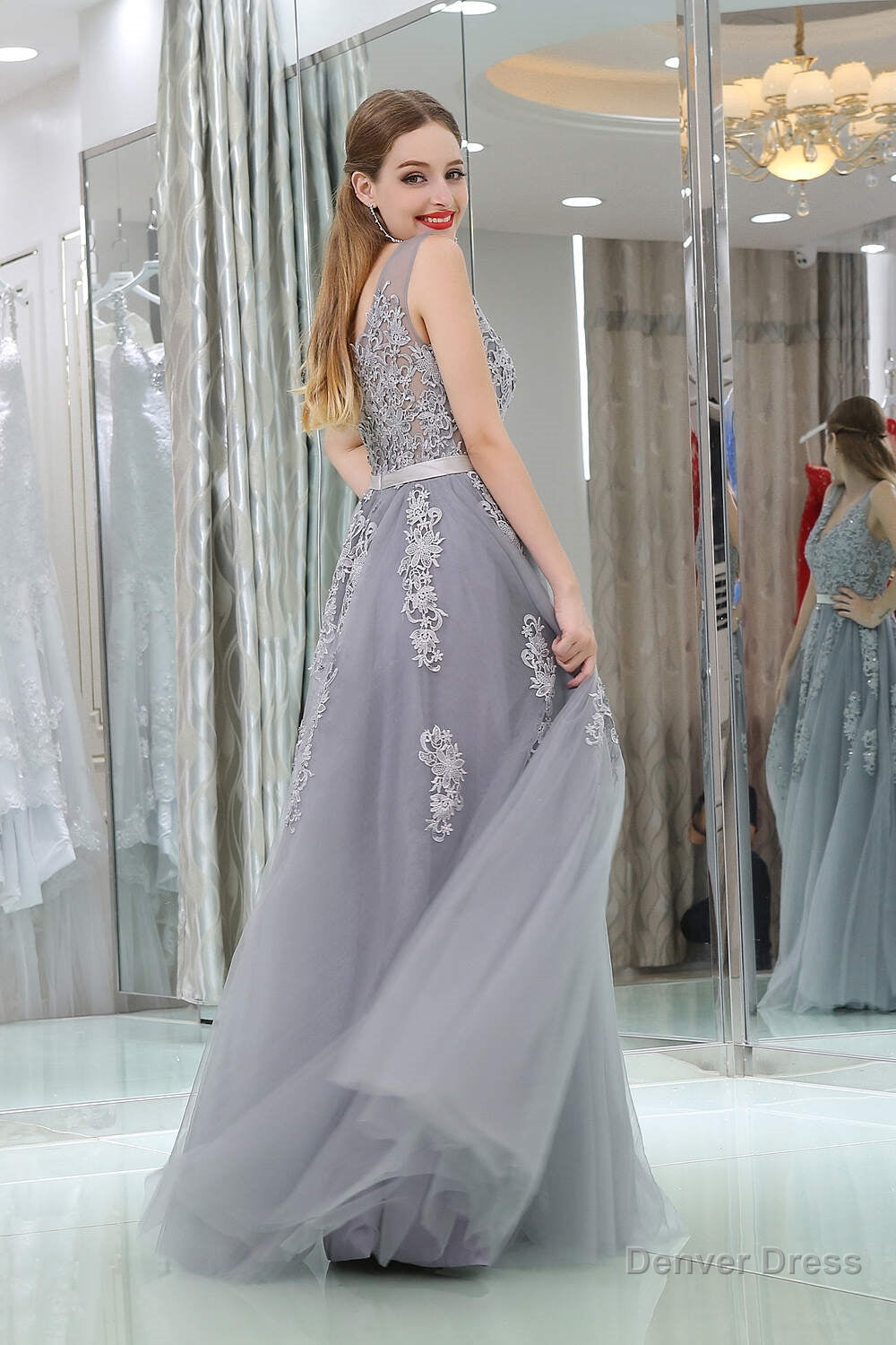A Line V Neck Floor Length Tulle Appliqued Long Prom Dresses