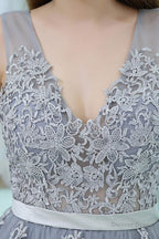 A Line V Neck Floor Length Tulle Appliqued Long Prom Dresses