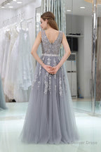 A Line V Neck Floor Length Tulle Appliqued Long Prom Dresses