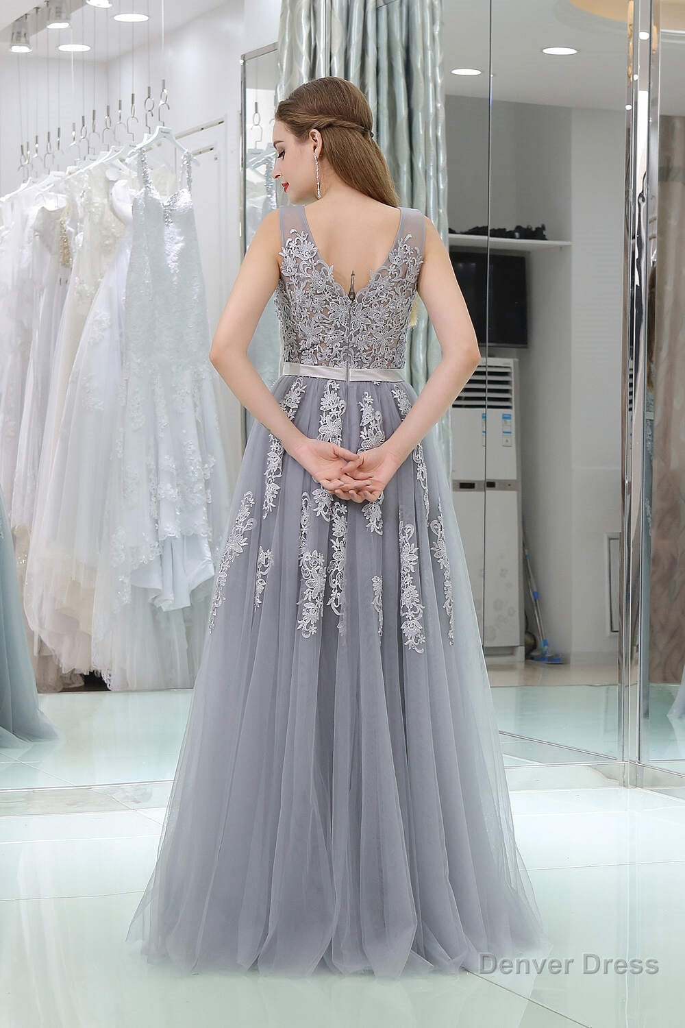 A Line V Neck Floor Length Tulle Appliqued Long Prom Dresses