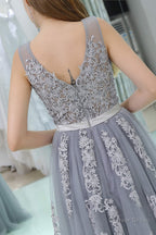 A Line V Neck Floor Length Tulle Appliqued Long Prom Dresses