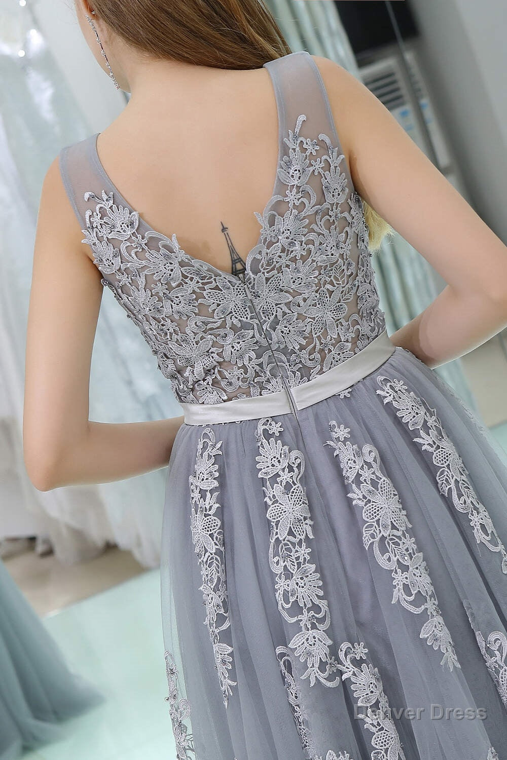 A Line V Neck Floor Length Tulle Appliqued Long Prom Dresses