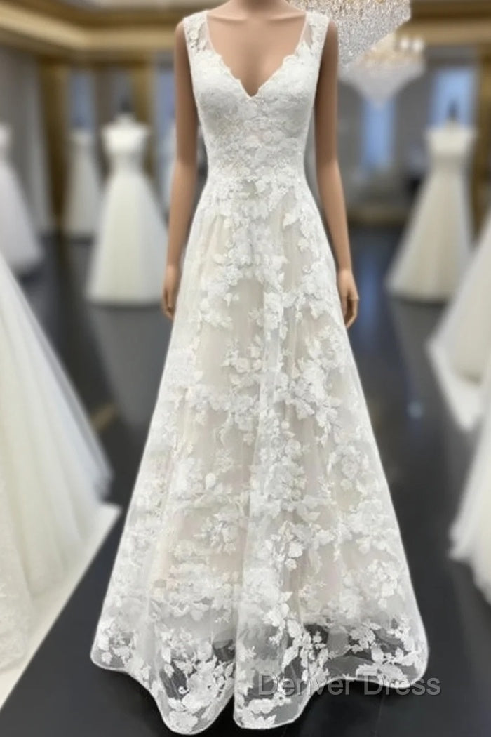 A Line V Neck Floral Lace Long Prom Dresses Main image