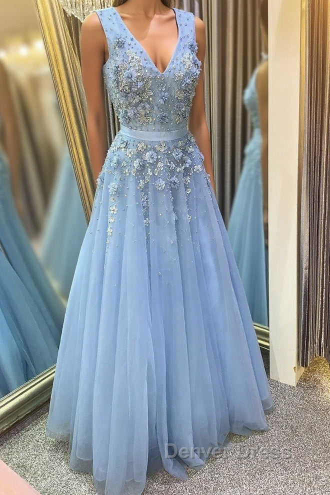 A Line V Neck Floral Light Blue Lace Long Prom Dress, Light Blue Lace Prom Graduation Prom Dresses Main image