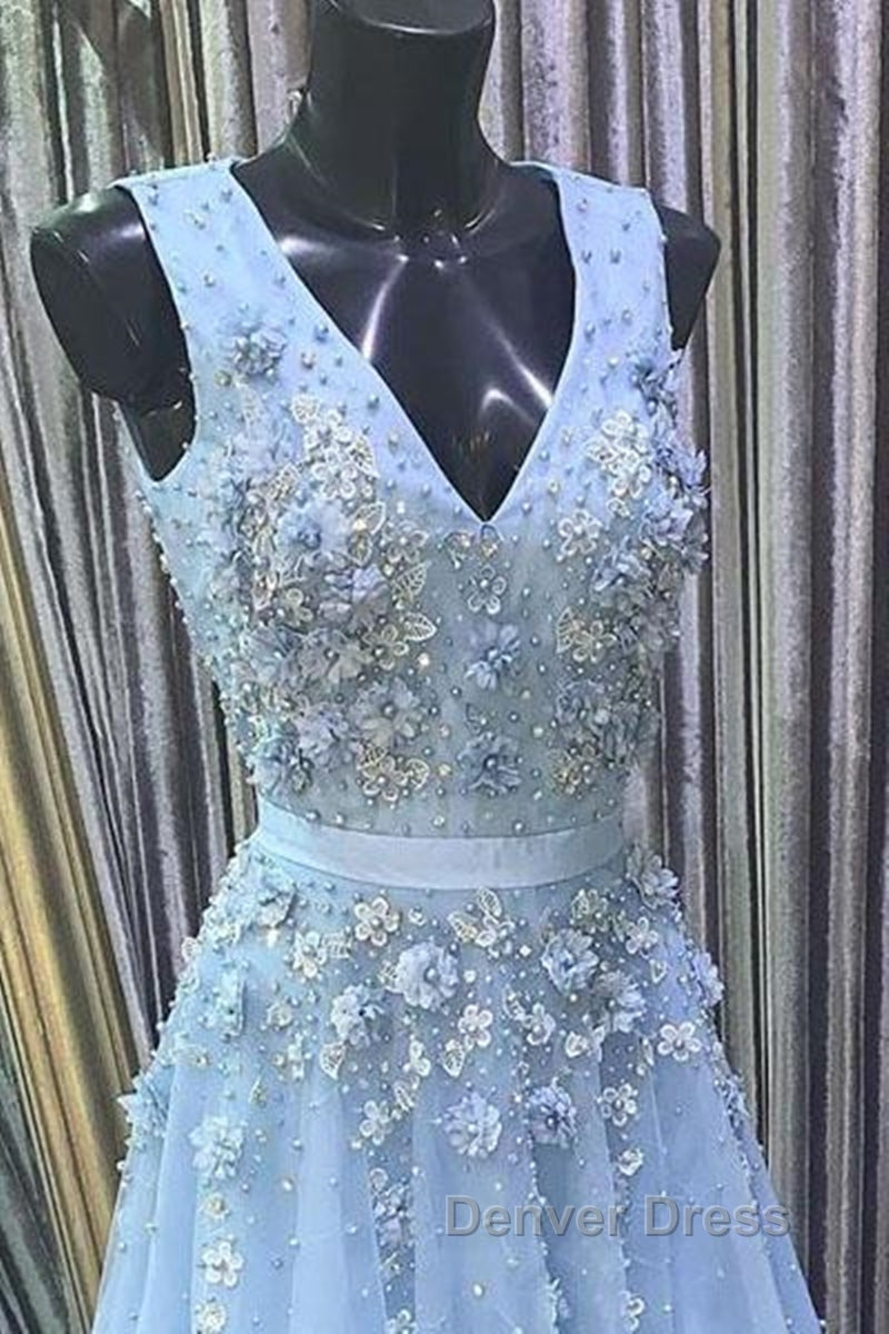 A Line V Neck Floral Light Blue Lace Long Prom Dress, Light Blue Lace Prom Graduation Prom Dresses Secondary image