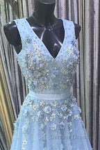 A Line V Neck Floral Light Blue Lace Long Prom Dress, Light Blue Lace Prom Graduation Prom Dresses