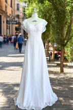 A Line V Neck Flutter Sleeves Bridesmaid Dress Floor Length Chiffon Wedding Dresses With Ruffle