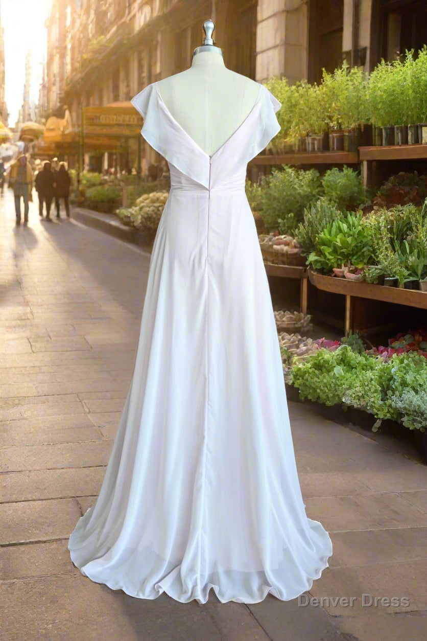 A Line V Neck Flutter Sleeves Bridesmaid Dress Floor Length Chiffon Wedding Dresses With Ruffle