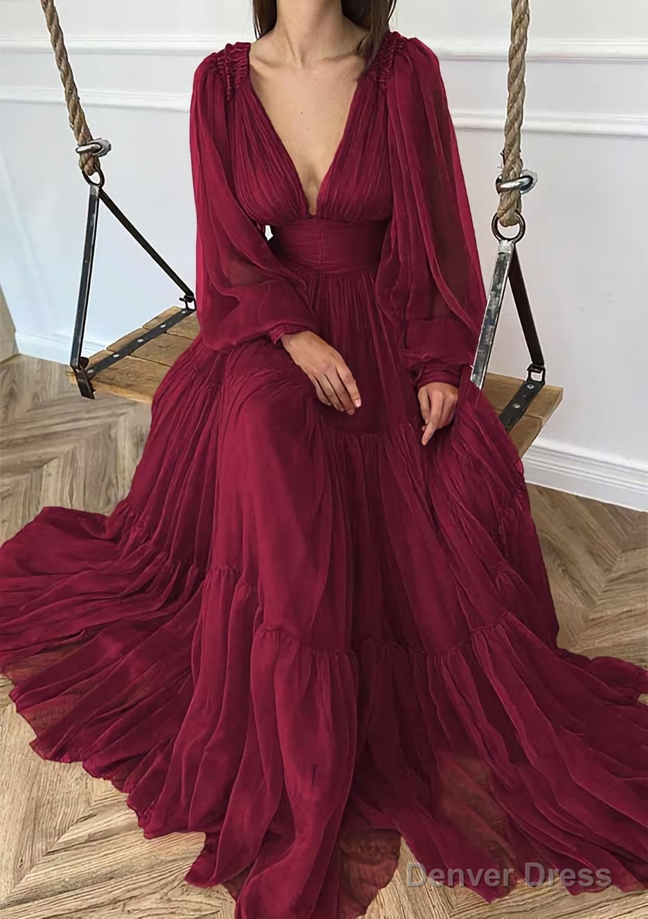 A Line V Neck Full Long Sleeve Long Floor Length Chiffon Prom Dresses With Pleated