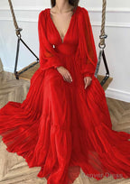 A Line V Neck Full Long Sleeve Long Floor Length Chiffon Prom Dresses With Pleated