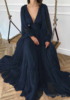 A-line V Neck Full/Long Sleeve Long/Floor-Length Chiffon Prom Dresses With Pleated
