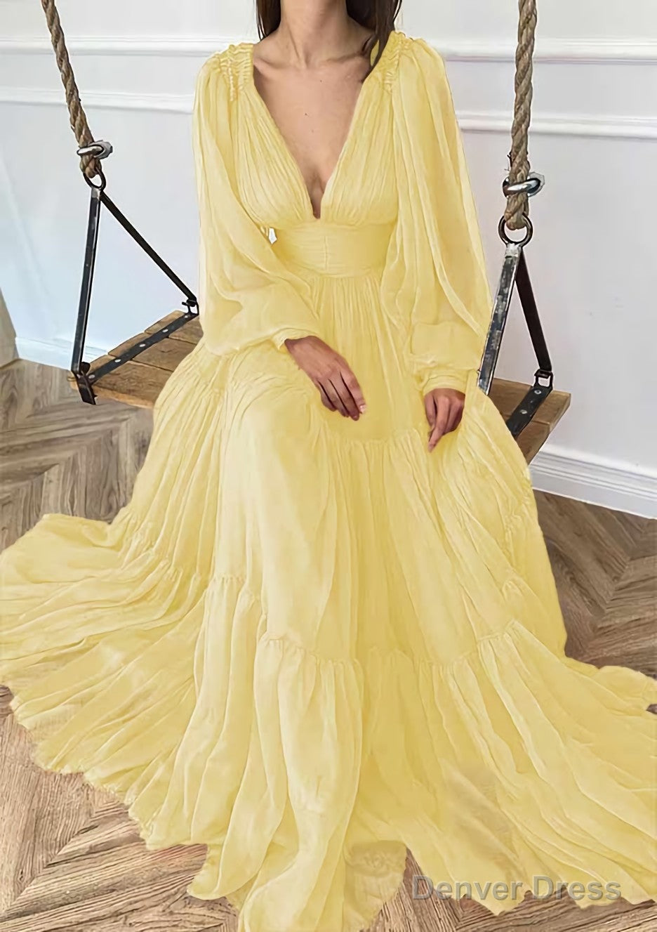 A Line V Neck Full Long Sleeve Long Floor Length Chiffon Prom Dresses With Pleated