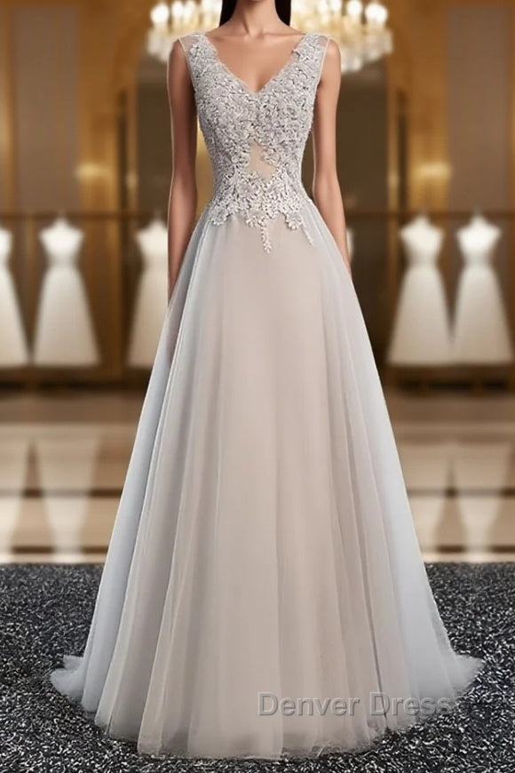 A Line V Neck Gray Floral Long Prom Dress, V Neck Gray Long Floral Prom Bridesmaid Dresses Main image