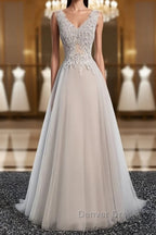 A Line V Neck Gray Floral Long Prom Dress, V Neck Gray Long Floral Prom Bridesmaid Dresses