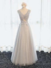 A Line V Neck Gray Floral Long Prom Dresses, V Neck Gray Long Floral Formal Bridesmaid Dresses