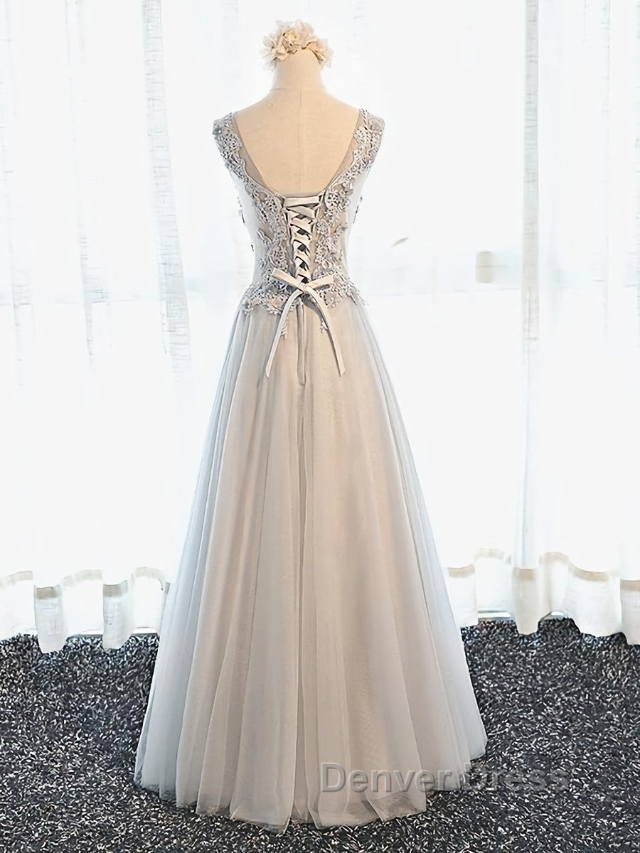 A Line V Neck Gray Floral Long Prom Dress, V Neck Gray Long Floral Prom Bridesmaid Dresses Secondary image