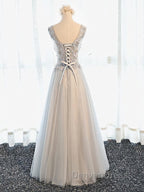 A Line V Neck Gray Floral Long Prom Dress, V Neck Gray Long Floral Prom Bridesmaid Dresses