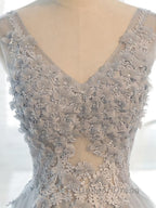 A Line V Neck Gray Floral Long Prom Dress, V Neck Gray Long Floral Prom Bridesmaid Dresses