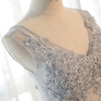 A Line V Neck Gray Floral Long Prom Dress, V Neck Gray Long Floral Prom Bridesmaid Dresses