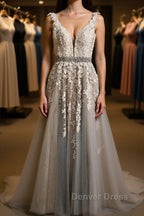 A Line V Neck Gray Lace Long Prom Dress with Belt, Gray Lace Floral Prom Dress, Gray Lace Prom Dresses