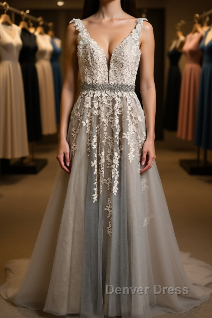 A Line V Neck Gray Lace Long Prom Dress with Belt, Gray Lace Floral Prom Dress, Gray Lace Prom Dresses