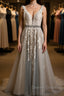 A Line V Neck Gray Lace Long Prom Dress with Belt, Gray Lace Floral Prom Dress, Gray Lace Prom Dresses
