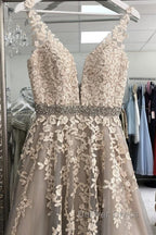 A Line V Neck Gray Lace Long Prom Dress with Belt, Gray Lace Floral Prom Dress, Gray Lace Prom Dresses