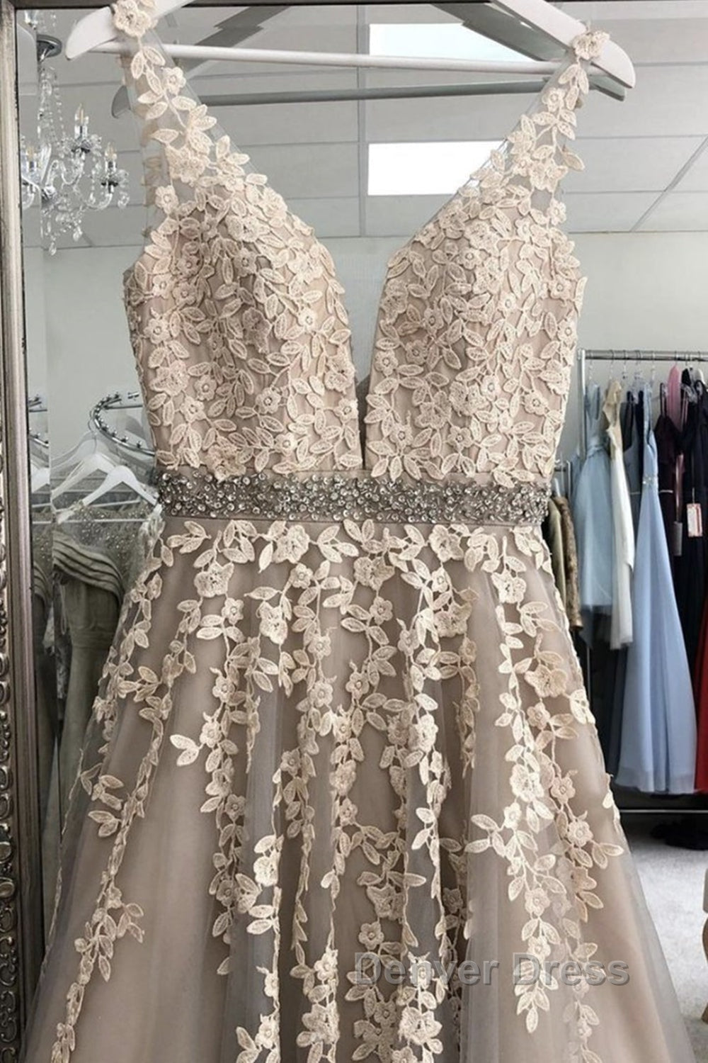 A Line V Neck Gray Lace Long Prom Dress with Belt, Gray Lace Floral Prom Dress, Gray Lace Prom Dresses