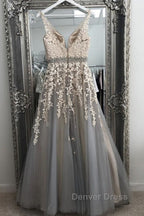 A Line V Neck Gray Lace Long Prom Dress with Belt, Gray Lace Floral Prom Dress, Gray Lace Prom Dresses