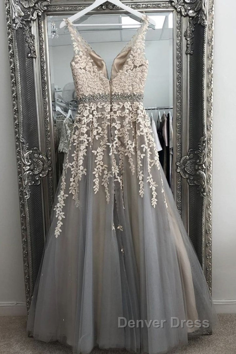 A Line V Neck Gray Lace Long Prom Dress with Belt, Gray Lace Floral Prom Dress, Gray Lace Prom Dresses