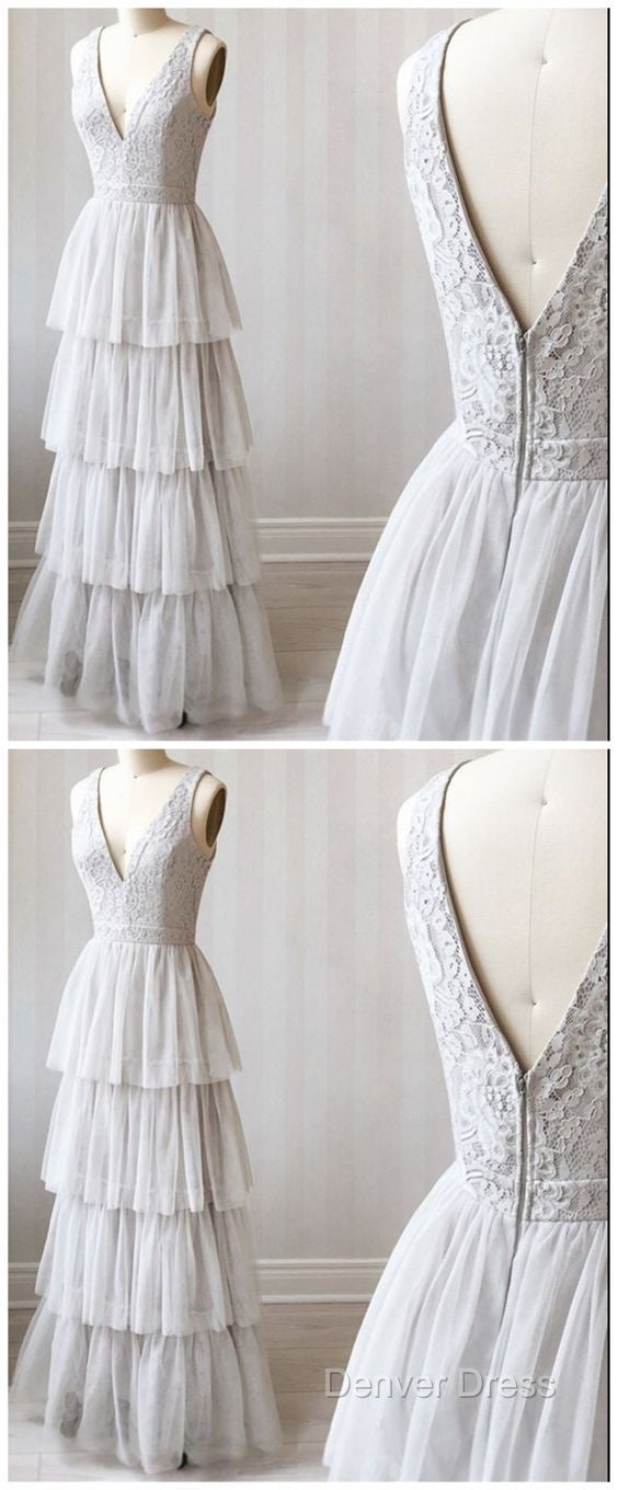 A Line V Neck Gray Lace Prom Dresses, V Neck Gray Lace Formal Graduation Bridesmaid Dresses Secondary image