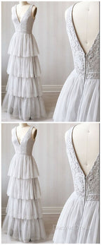 A Line V Neck Gray Lace Prom Dress, V Neck Gray Lace Prom Graduation Bridesmaid Dresses