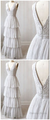 A Line V Neck Gray Lace Prom Dresses, V Neck Gray Lace Formal Graduation Bridesmaid Dresses