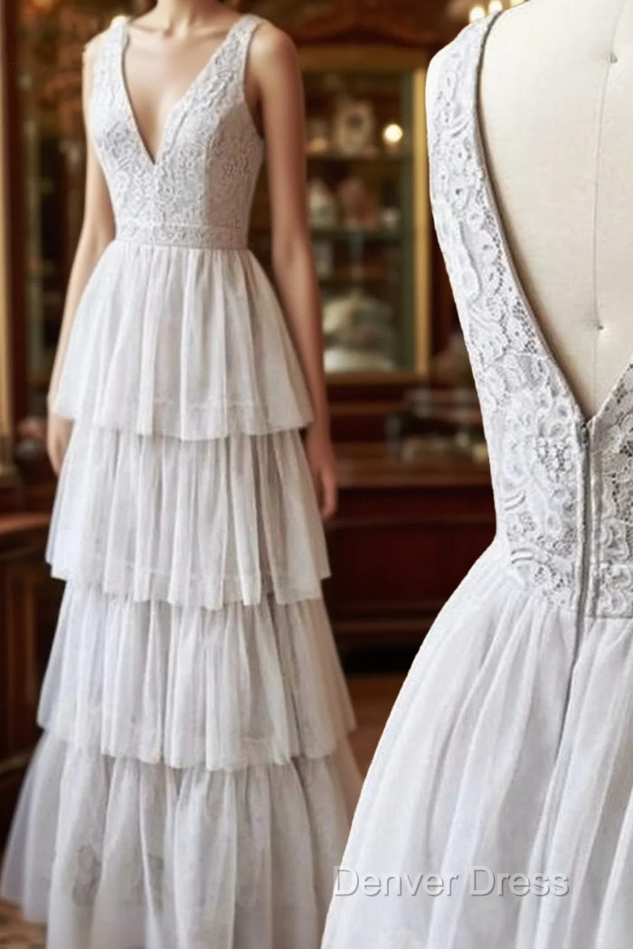 A Line V Neck Gray Lace Prom Dress, V Neck Gray Lace Prom Graduation Bridesmaid Dresses