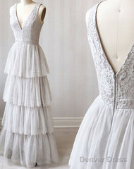 A Line V Neck Gray Lace Prom Dresses, V Neck Gray Lace Formal Graduation Bridesmaid Dresses